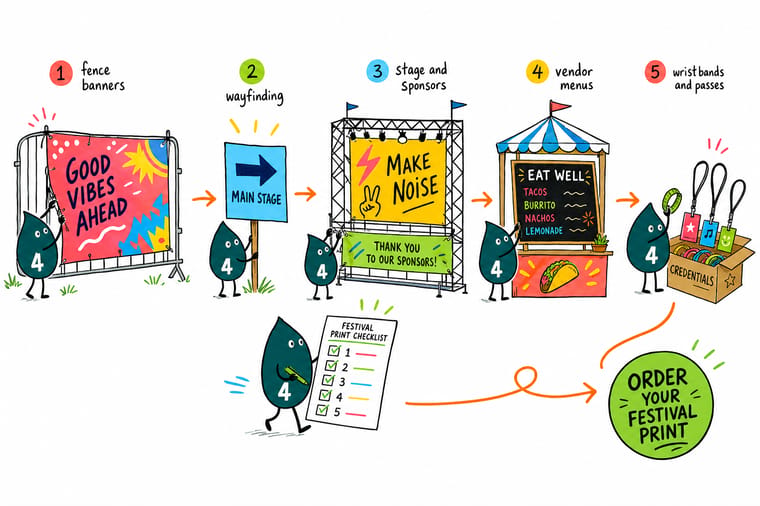 Wally, the 4OVER4 mascot with a 4, walking a festival site with a checklist, hanging a fence banner and handing a pass to a crew member