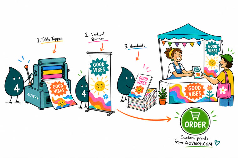 Wally, the 4OVER4 mascot, standing at a festival booth under a double sided banner with a branded charger and gift set on the table
