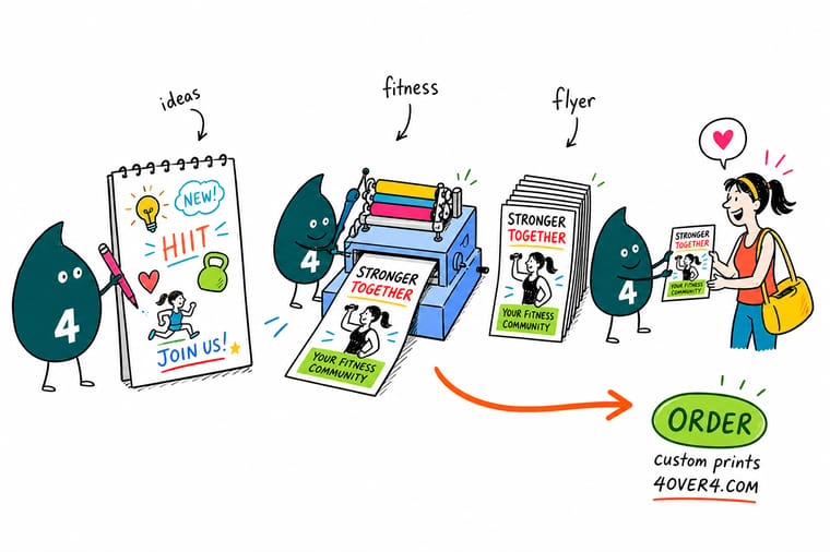 Wally from 4OVER4 sketching gym flyer ideas, printing a stack of fitness class flyers and handing one to a gym member