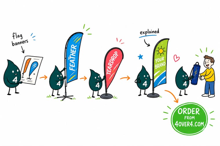 Wally the 4OVER4 mascot holding a 4 and standing a feather flag on a ground spike, pointing to an order button