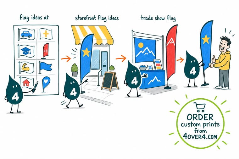 Wally, the 4OVER4 mascot, planting a feather flag at a shop curb, setting a flag on an X-stand at a trade show booth and mounting a pole flag on a wall