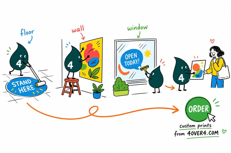 Wally, the 4OVER4 mascot with a 4, standing between a floor graphic, a wall graphic and a storefront window graphic and pointing at the differences