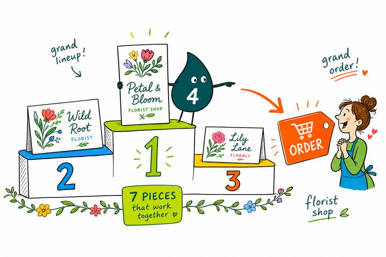 Wally, the 4OVER4 mascot holding a 4, arranging a florist business card, hangtag, sticker, greeting card, and kraft box around a bouquet as one matching set