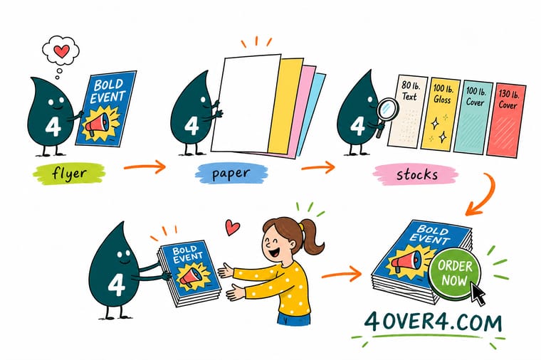 Wally, the 4OVER4 mascot holding a 4, weighing a light flyer against a heavy cardstock flyer to pick the right stock