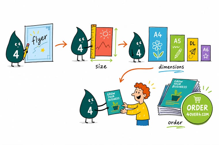 Wally, the 4OVER4 mascot with a 4, holding up flyers in several standard sizes with a ruler