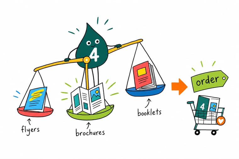 Wally, the 4OVER4 mascot holding a 4, weighing a flyer, a folded brochure, and a bound booklet on a scale to match each format to its job