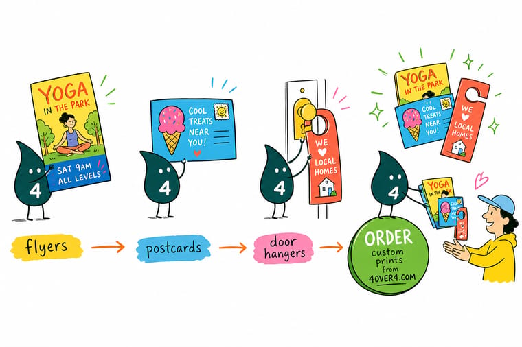 Wally, the 4OVER4 mascot with a 4, standing at a front door holding a flyer, a postcard and a door hanger, with the mailbox marked for the stamped postcard only