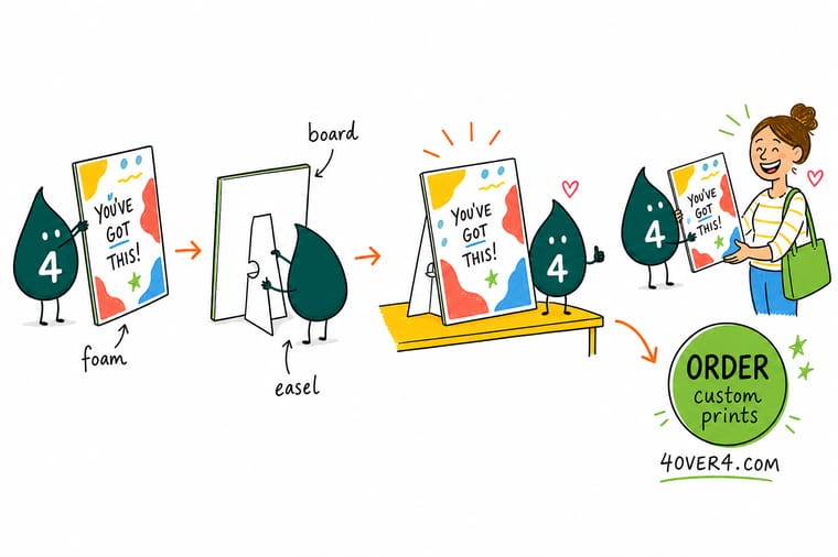 Wally, the 4OVER4 mascot, sticking a folding easel wing halfway up the back of a printed foam board and standing it on a table