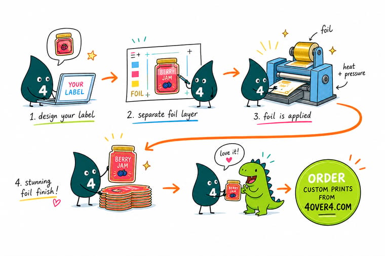 Wally, the 4OVER4 mascot with a 4, pressing a heated die onto a roll of labels so a gold foil film lifts off its carrier and sticks to the artwork