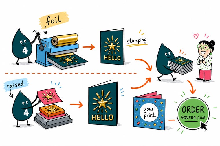 Wally, the 4OVER4 mascot holding a 4, running a thumb across a raised foil card in one hand and admiring a flat foil stamped card in the other to show the two finishes