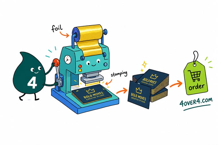 Wally, the 4OVER4 mascot holding a 4, pressing a warm gold foil headline onto a business card to show how foil stamping catches the light