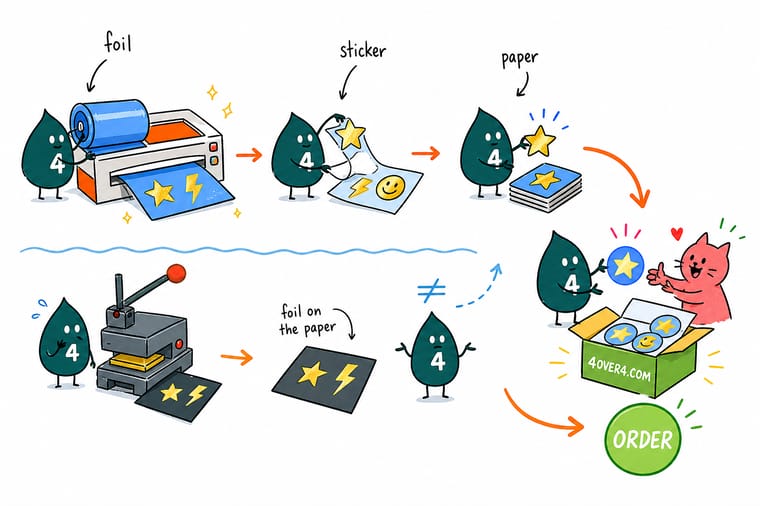 Wally, the 4OVER4 mascot with a 4, holding a silver metallic sticker sheet in one hand and a heated foil stamping die in the other