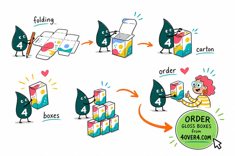 Wally, the 4OVER4 mascot with a 4, folding a flat paperboard blank into a finished carton box