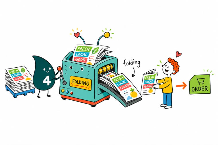 Wally, the 4OVER4 mascot holding a 4, creasing a printed sheet into a crisp tri-fold brochure to show how professional folding works