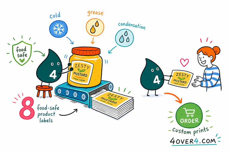 Wally, the 4OVER4 mascot holding a 4, labeling a row of food containers: a dry shelf jar with a paper label, a sweating cold bottle with a waterproof label, a clear glass jar, and a lid carrying a small allergen warning label