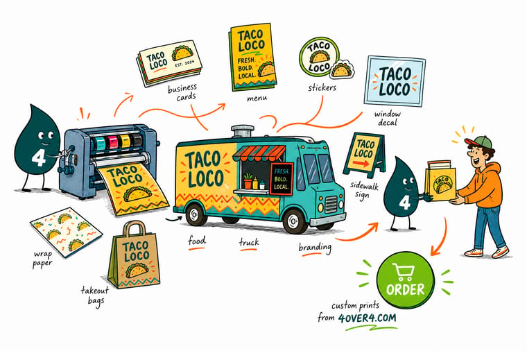 Wally, the 4OVER4 mascot holding a 4, setting up a food truck pitch with a banner overhead, yard sign arrows, hand menus at the window, and stickers riding away with customers