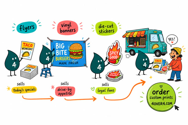 Wally, the 4OVER4 mascot with a 4, hanging a vinyl banner on a food truck while a customer walks away with a sticker on their bottle