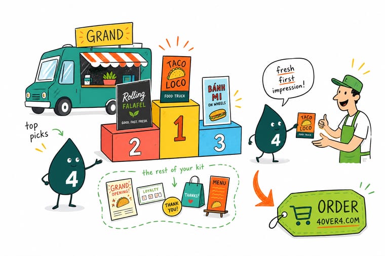 Wally, the 4OVER4 mascot holding a 4, arranging a grand-opening banner, a food-truck menu sign, a flyer, a business card, and branded food labels as one matching set for a food truck launch