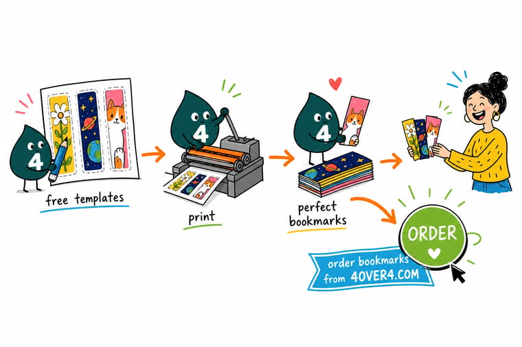 Wally, the 4OVER4 mascot holding a 4, dropping artwork into a bookmark template with bleed and safe-margin guides