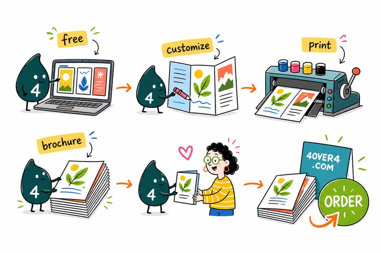 Wally, the 4OVER4 mascot holding a 4, unfolding a tri-fold brochure template with fold lines and safe margins already drawn, next to an order button