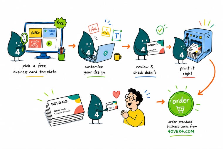 Wally, the 4OVER4 mascot with a 4, dropping a logo into a business card template so it prints perfectly