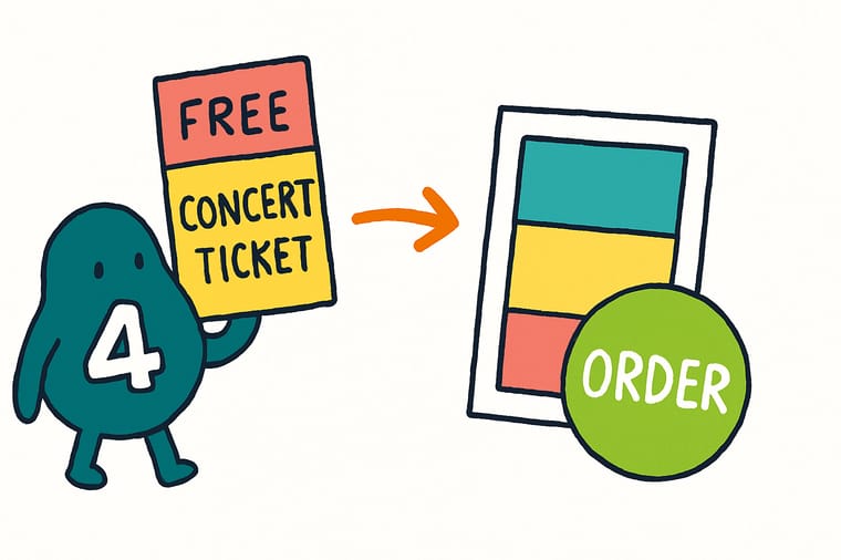 Wally, the 4OVER4 mascot with a 4, holding a concert ticket template with the bleed, trim, safe area and perforation lines drawn on it