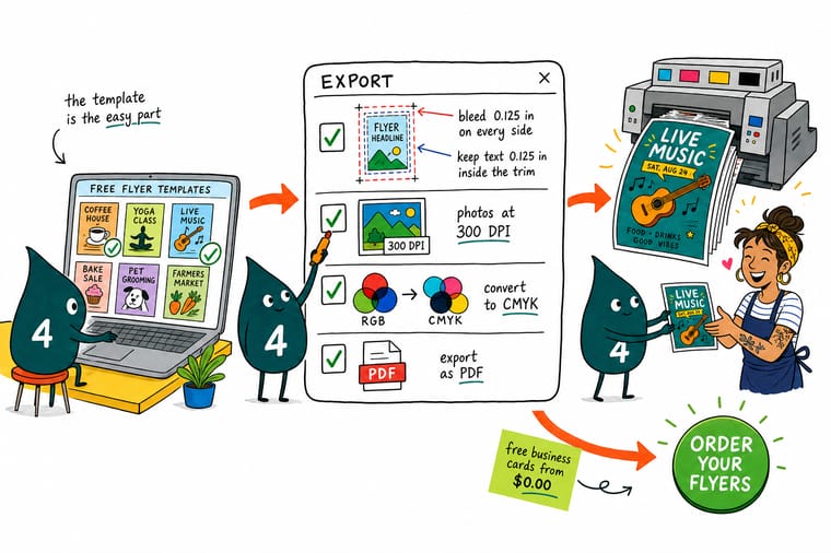 Wally from 4OVER4 comparing a free flyer template on screen with a printed flyer showing trim, bleed and safety lines
