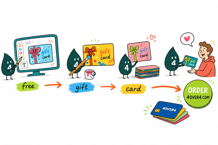 Wally, the 4OVER4 mascot holding a 4, placing a logo onto a gift card template with marked trim, bleed, and safe zones