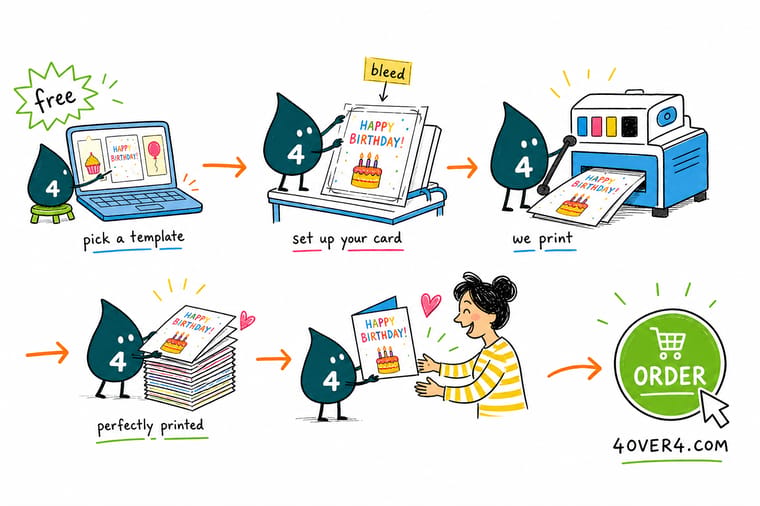 Wally, the 4OVER4 mascot holding a 4, opening a folded greeting card built from a flat template