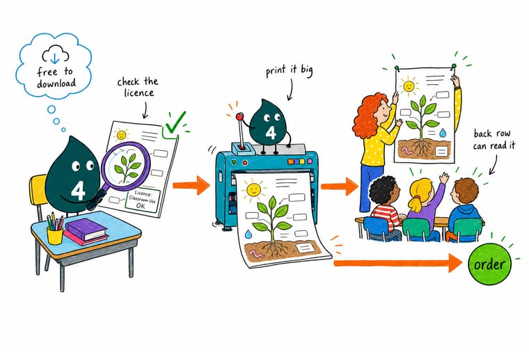 Wally from 4OVER4 checking the licence on a downloaded classroom worksheet before sending it to print as a large poster