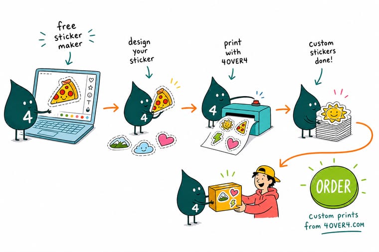 Wally, the 4OVER4 mascot with a 4, designing a sticker on a laptop canvas that shows a dashed bleed box and a safe zone before sending it to print