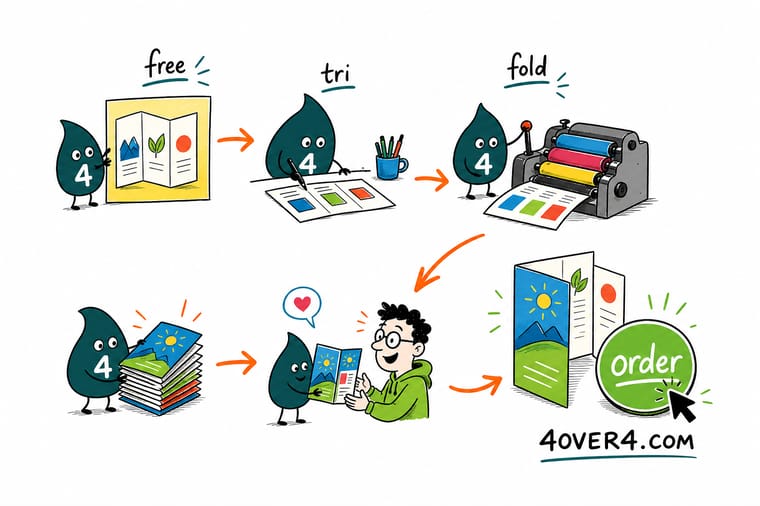 Wally, the 4OVER4 mascot holding a 4, folding a sheet into three panels with the tuck-in panel sized slightly narrower