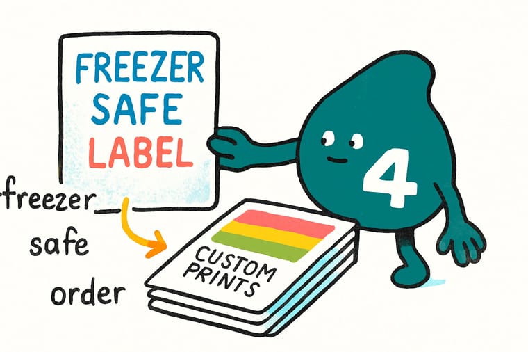 Wally, the 4OVER4 mascot holding a 4, standing beside an open freezer case pointing at a labeled frozen pack that has stayed stuck while a plain paper label curls off the pack next to it