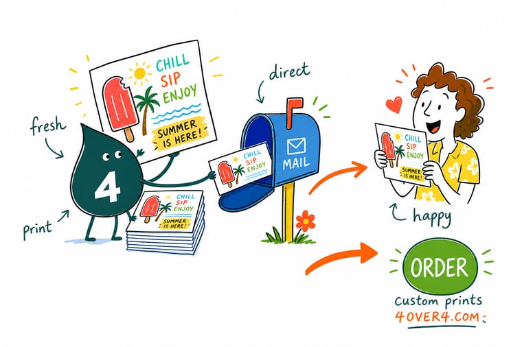 Wally from 4OVER4 planning a summer direct mail campaign with brochures, flyers, and a route map