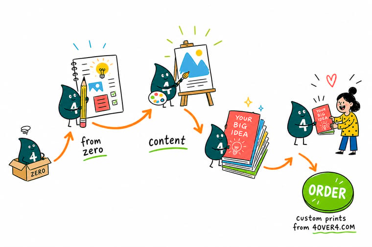 Wally, the 4OVER4 mascot with a 4, taking one page of notes and turning it into a web page, a clip, an email and a printed brochure