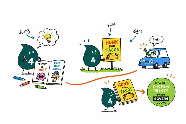 Wally from 4OVER4 standing beside a printed yard sign, measuring the letter height against the distance a reader stands away