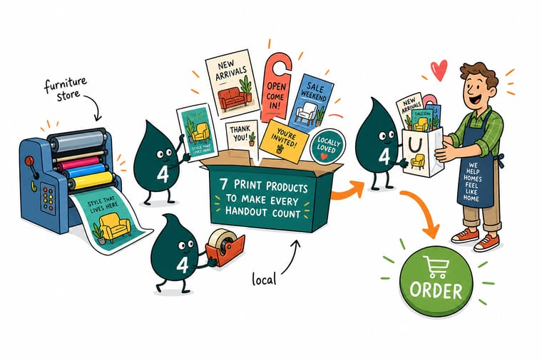 Wally, the 4OVER4 mascot holding a 4, handing a furniture catalog and business card to a shopper leaving a showroom to show the bundle following the sale home