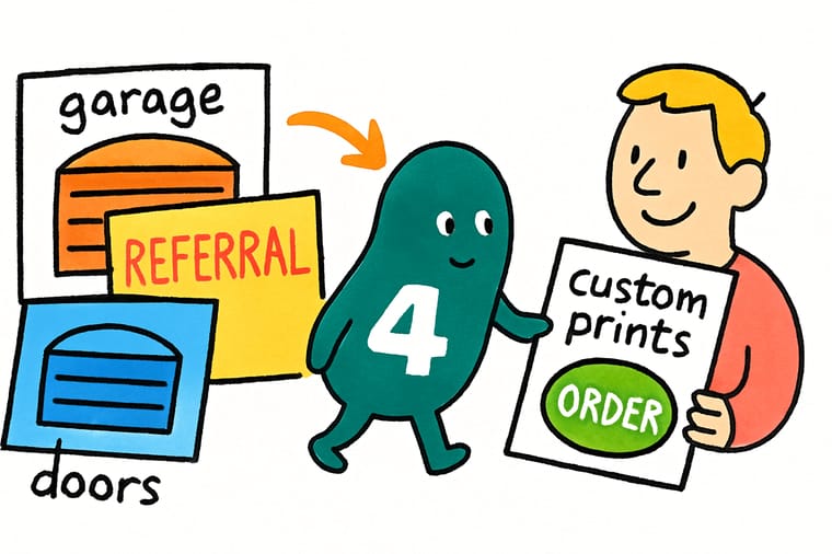 Wally, the 4OVER4 mascot, standing in a driveway beside a garage door banner while handing a clear plastic referral card to a neighbor