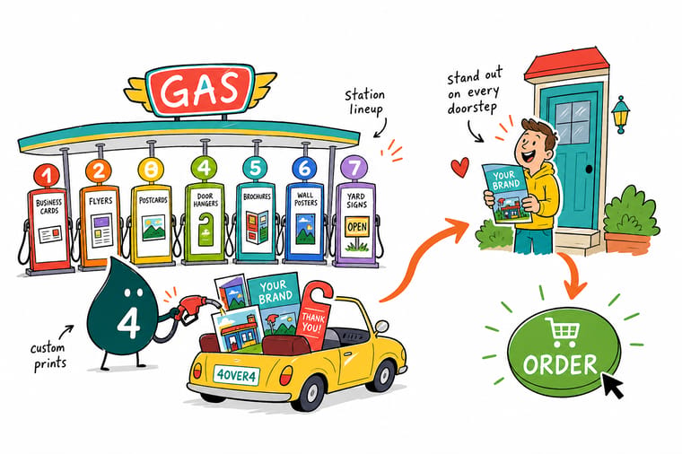 Wally, the 4OVER4 mascot holding a 4, setting up a gas station forecourt with an A-frame, canopy banner, yard signs, and window clings as one matching set