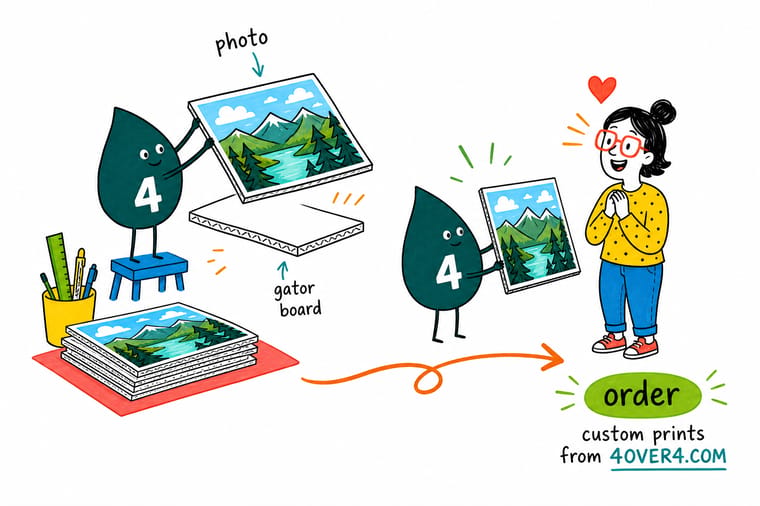 Wally from 4OVER4 mounting a photo onto a rigid gator-style board that stays flat and dent free for a business display