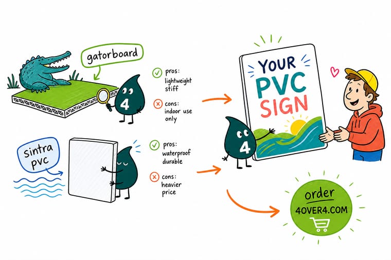 Wally, the 4OVER4 mascot holding a 4, weighing a solid Sintra PVC panel against a lightweight Gatorboard sheet to show which board fits which job