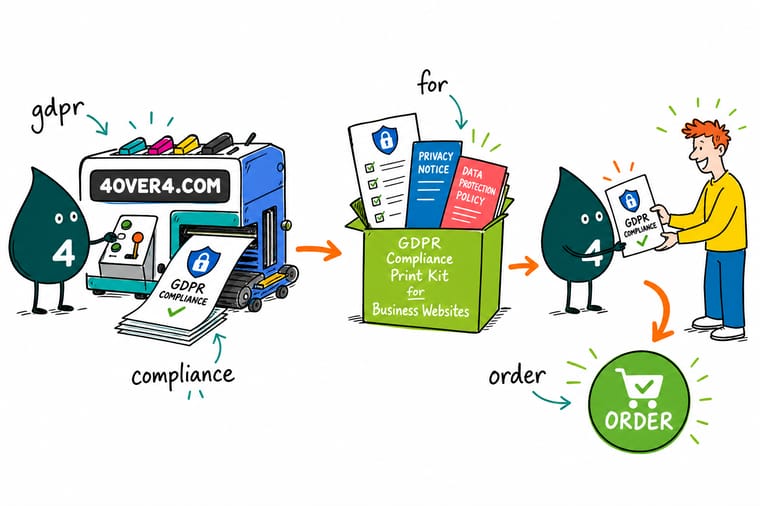 Wally, the 4OVER4 mascot, standing between a shop door with a camera notice cling and a desk stacked with letterhead, an envelope and a folder, showing where a website privacy duty turns into printed paper