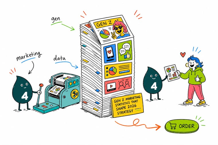 Wally the 4OVER4 mascot handing a Gen Z shopper a premium printed postcard with a scannable QR code