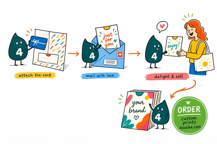 Wally, the 4OVER4 mascot with a 4, seating a gift card into the four corner slits of a printed carrier while a glue dot and a tuck pocket wait beside him