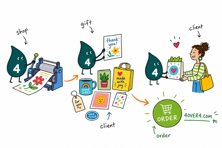 Wally, the 4OVER4 mascot holding a 4, placing a gift into a branded retail box with a die-cut hangtag and sticker seal to show the gift shop kit at work