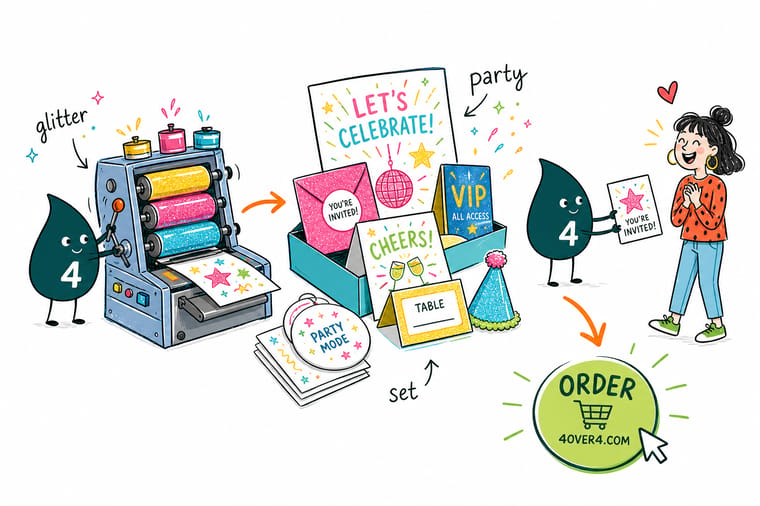 Wally, the 4OVER4 mascot holding a 4, standing at a party table pointing from a glitter invitation to a glitter sticker to a favor tag to show the eight glitter pieces sharing one surface