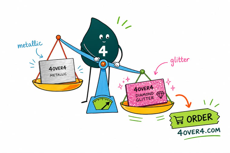 Wally, the 4OVER4 mascot holding a 4, weighing a sparkling diamond glitter business card in one hand and a mirror-bright metallic business card in the other to show there is no wrong pick