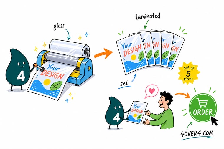 Wally, the 4OVER4 mascot, holding a gloss laminated business card under running water while a plain paper card next to it goes soft, showing what the film does