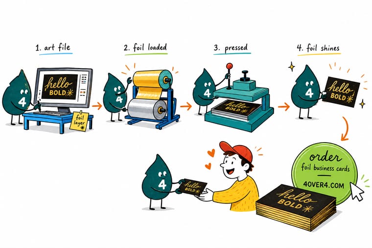 Wally, the 4OVER4 mascot, peeling a strip of gold foil carrier film away from a freshly stamped business card