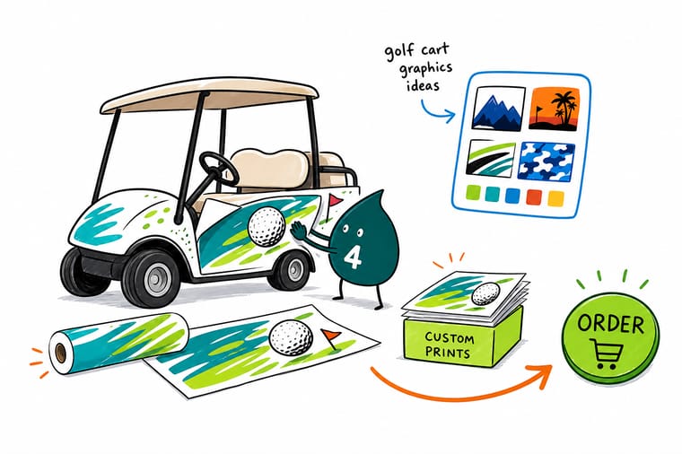 Wally from 4OVER4 measuring a golf cart panel and lining up a printed decal before applying it